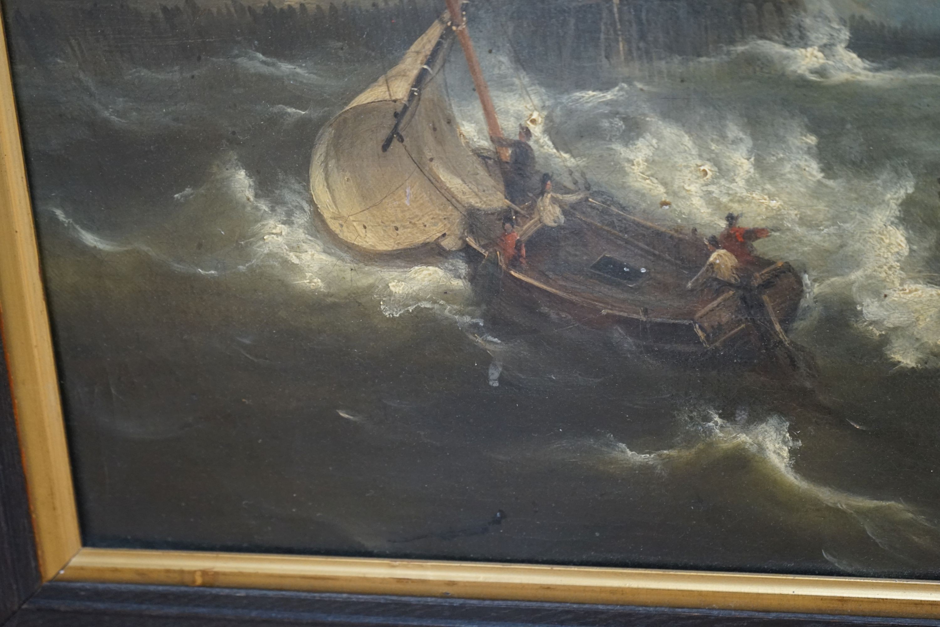 Marine School (19th century), oil on canvas, Dutch paddle steamer and sailing boat in rough seas off the shore, a lighthouse on the cliffs, indistinctly signed and dated, 54 x 70cm